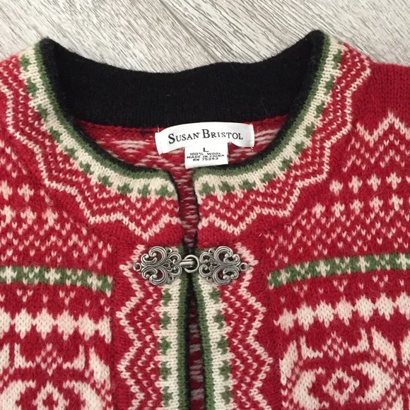 Susan Bristol Women Wool Cardigan Sweater Nordic Fair Isle Metal Clasps Hooks Lg - Picture 6 of 9
